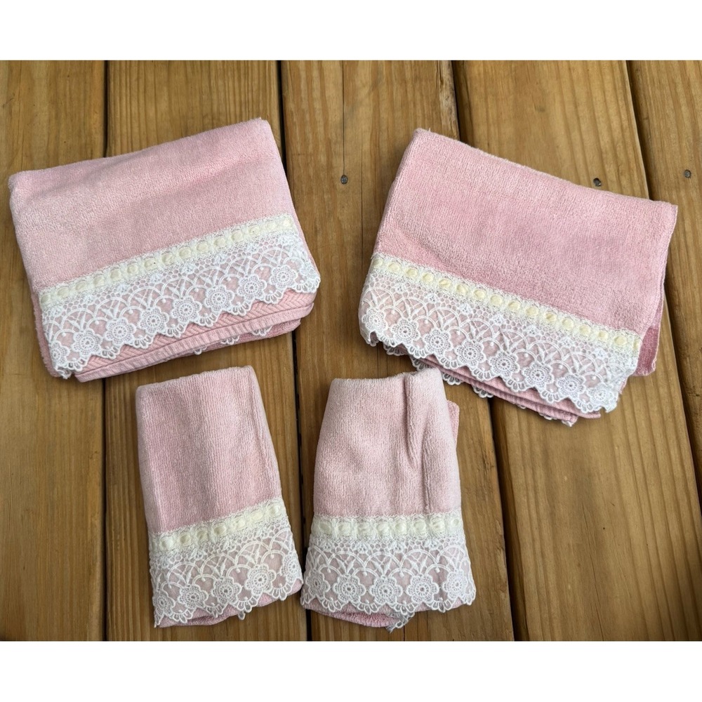 4 Vintage Fieldcrest Lace Trim Pink (2) Hand Towels (2) Washcloths Cottagecore